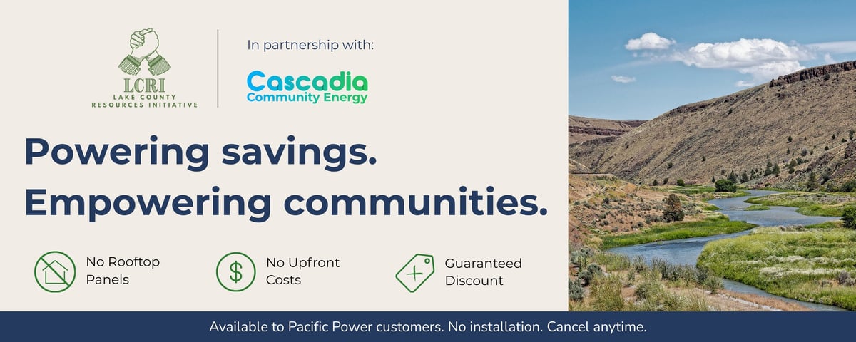 Renewable energy advertisement showing mountain landscape with river, featuring solar initiative benefits including no rooftop panels, no upfront costs, and guaranteed bill reduction